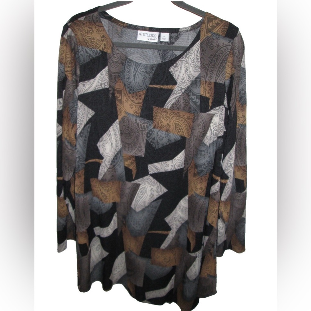 XL Attitudes by Renee Geometrical tunic long sleeves. Black gold grey. Relaxed
